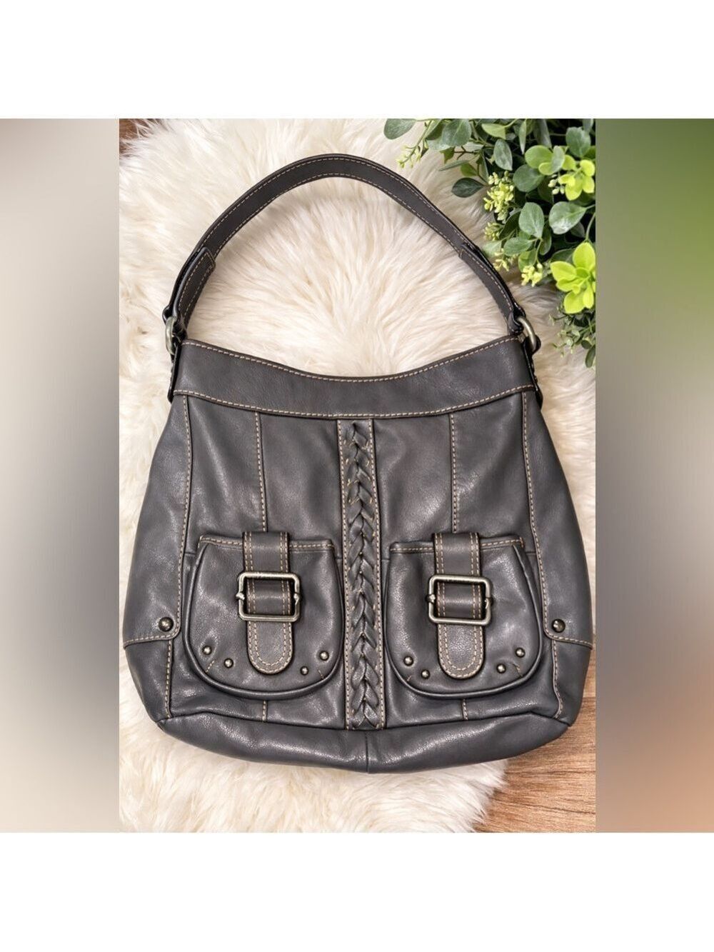 Women's Tignanello Grey Leather Shoulder Bag One Size